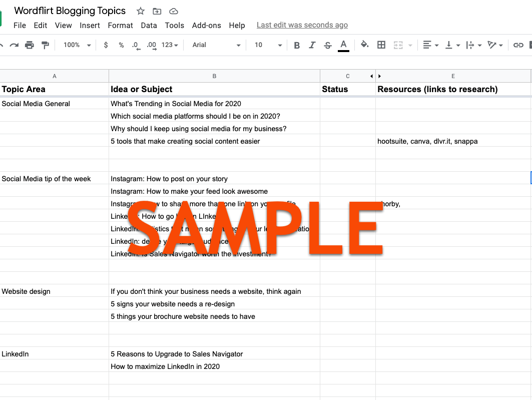 sample google sheet we use for our topic ideas