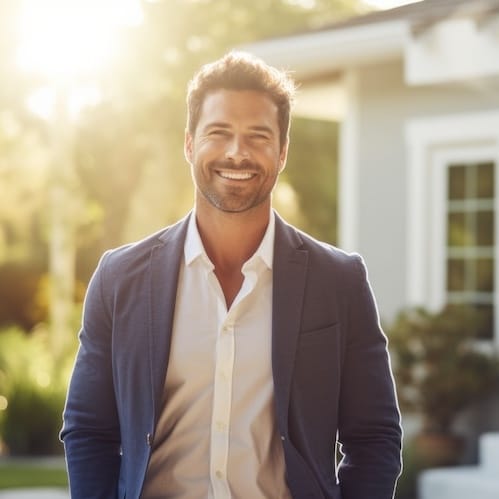 male real estate professional standing in front of house with sun behind him